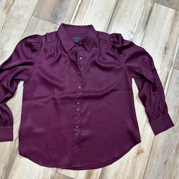 Ann Taylor Burgundy Puff Sleeve Pleated Button-Down Blouse – Size SP - Picture 16 of 16